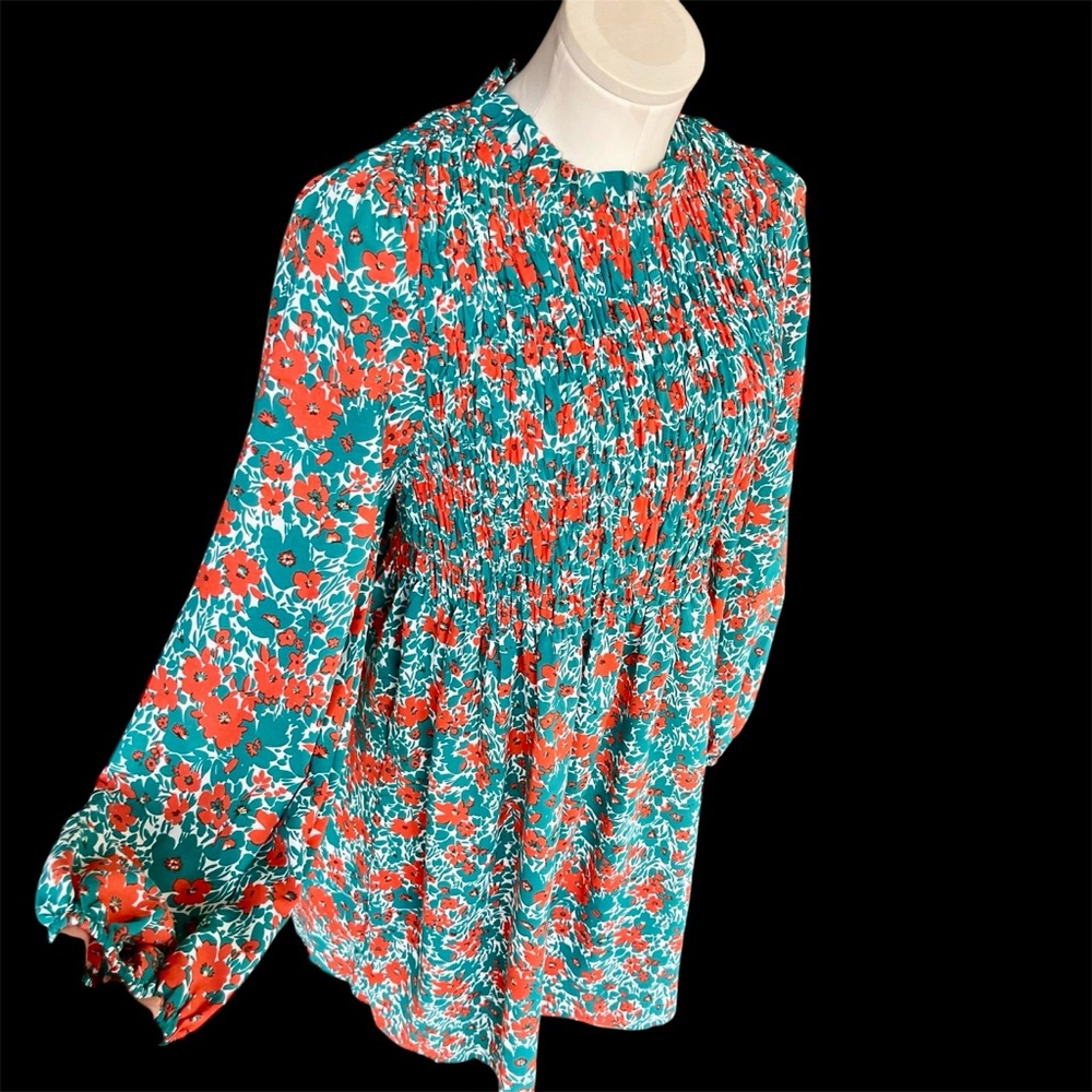 JODIFL Teal Floral Long Sleeve Smocked Mini Dress